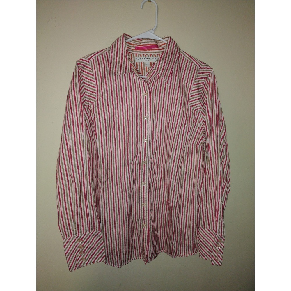 Tommy Hilfiger Womens Red Tan Striped Button Down Shirt Cotton Size 16